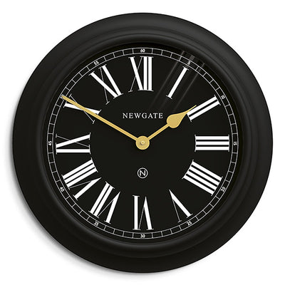 Newgate World large Chocolate Shop wall clock in Black with Gold hands and Roman numeral dial